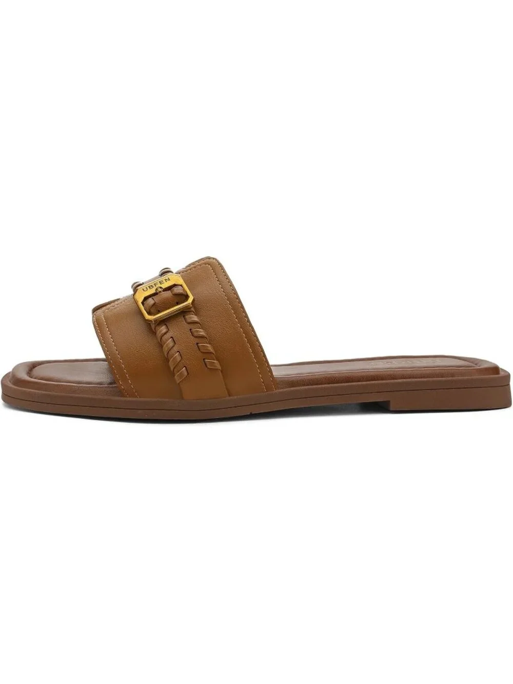 Women's Brown Square Toe Flat Sandals Slides Dressy Comfortable for Casual